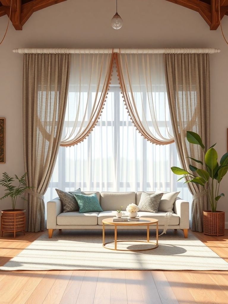 A cozy living room with layered window treatments, featuring sheer and heavier curtains.