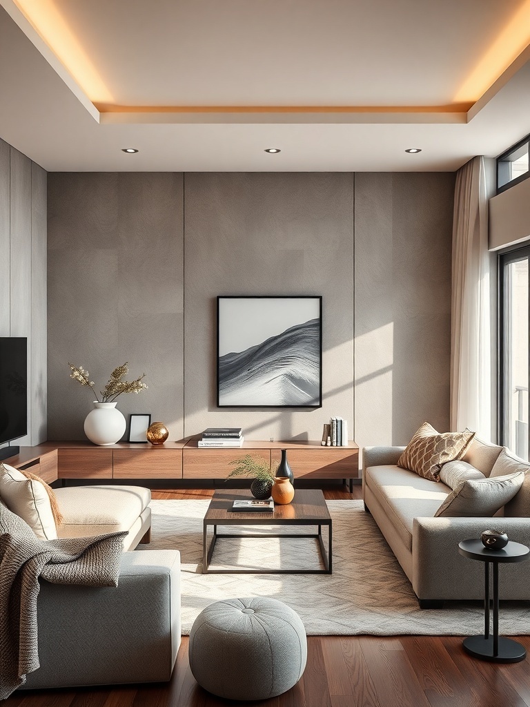 A modern living room with layered textures and warm lighting.