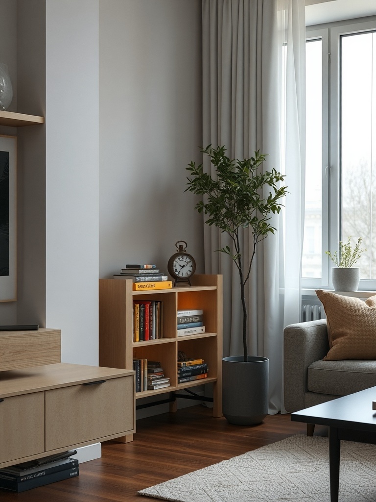 A cozy living room with a bookshelf, plant, and soft lighting.