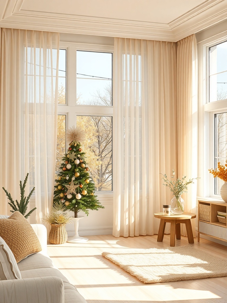 A bright room with light, sheer curtains and a small Christmas tree.