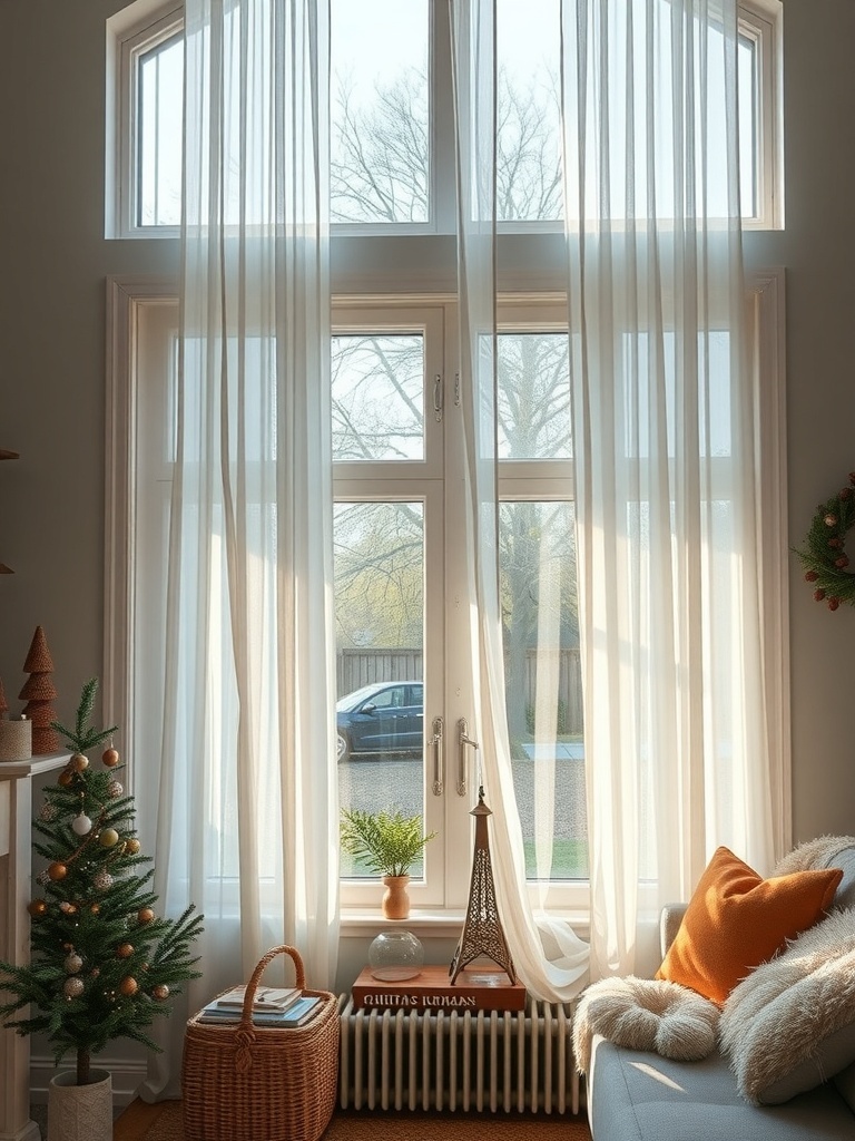 A cozy living room with light, sheer curtains allowing sunlight to filter through, enhancing the bright interior.
