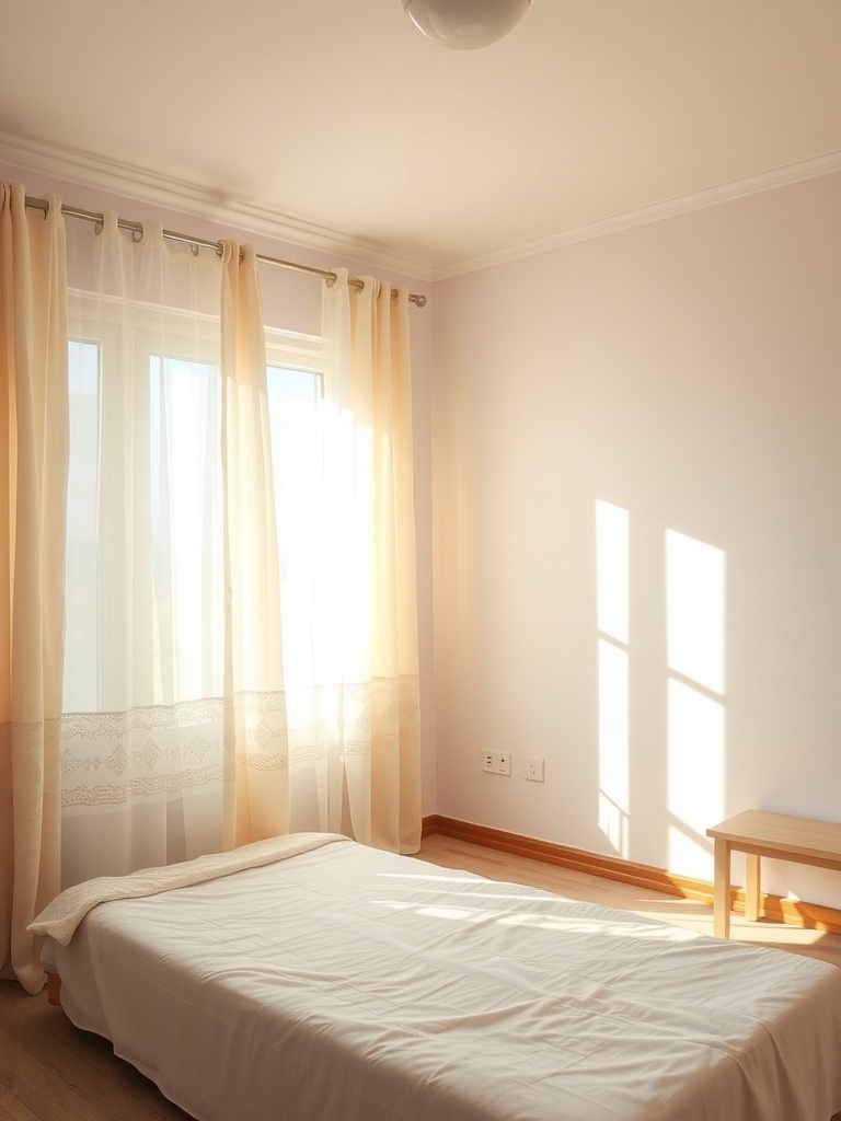 A small bedroom with light-colored walls, sheer curtains, and a simple bed.