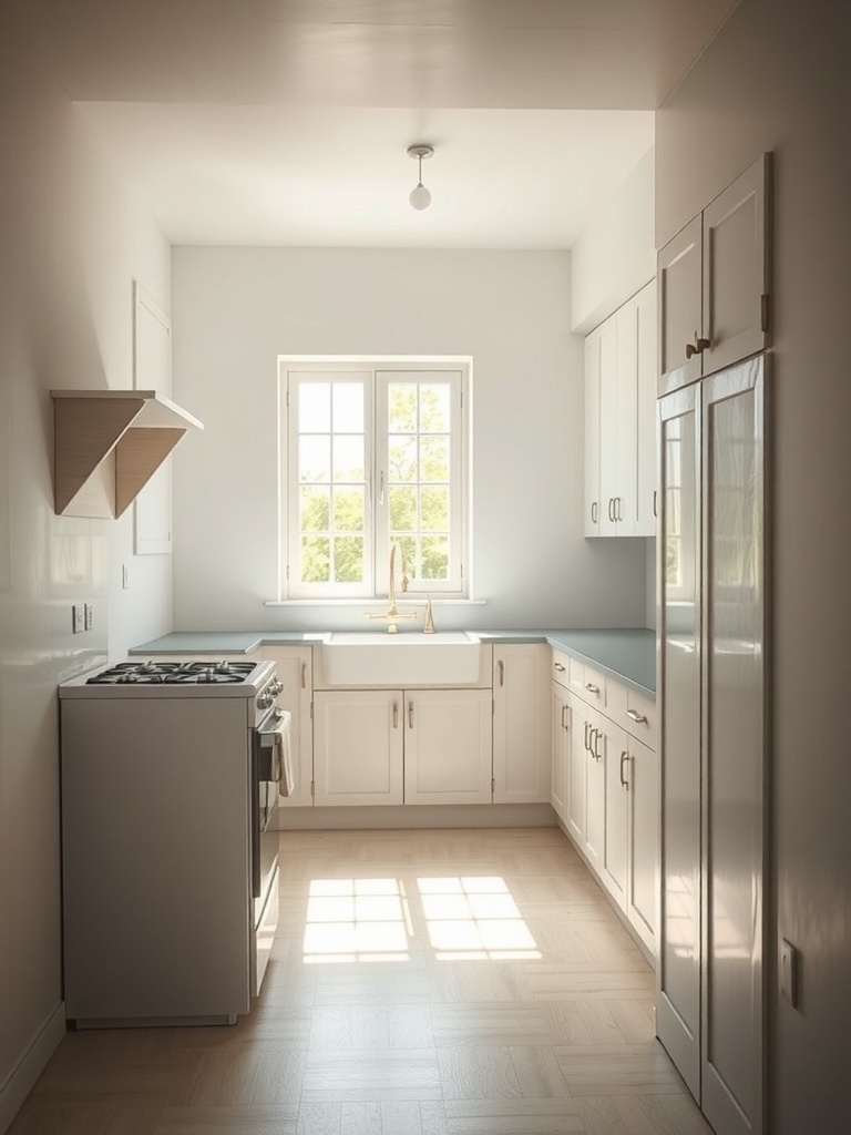 A bright and airy small kitchen with light-colored cabinets and a large window.