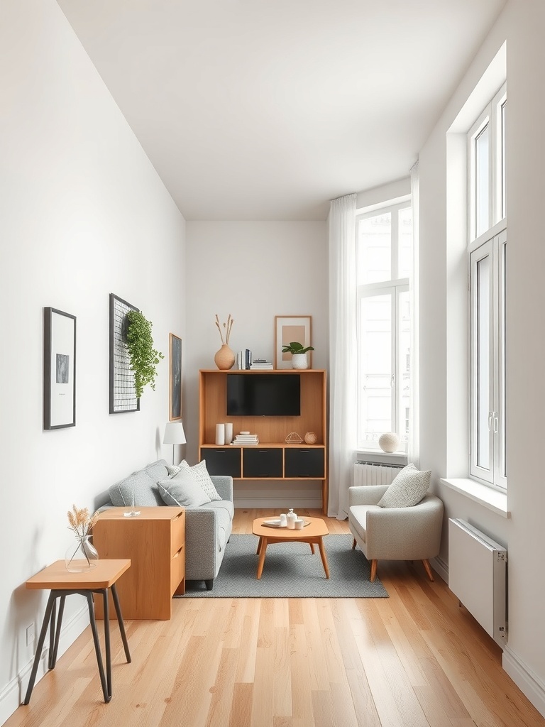 A bright and airy narrow apartment living room with light color palettes and wooden furniture.