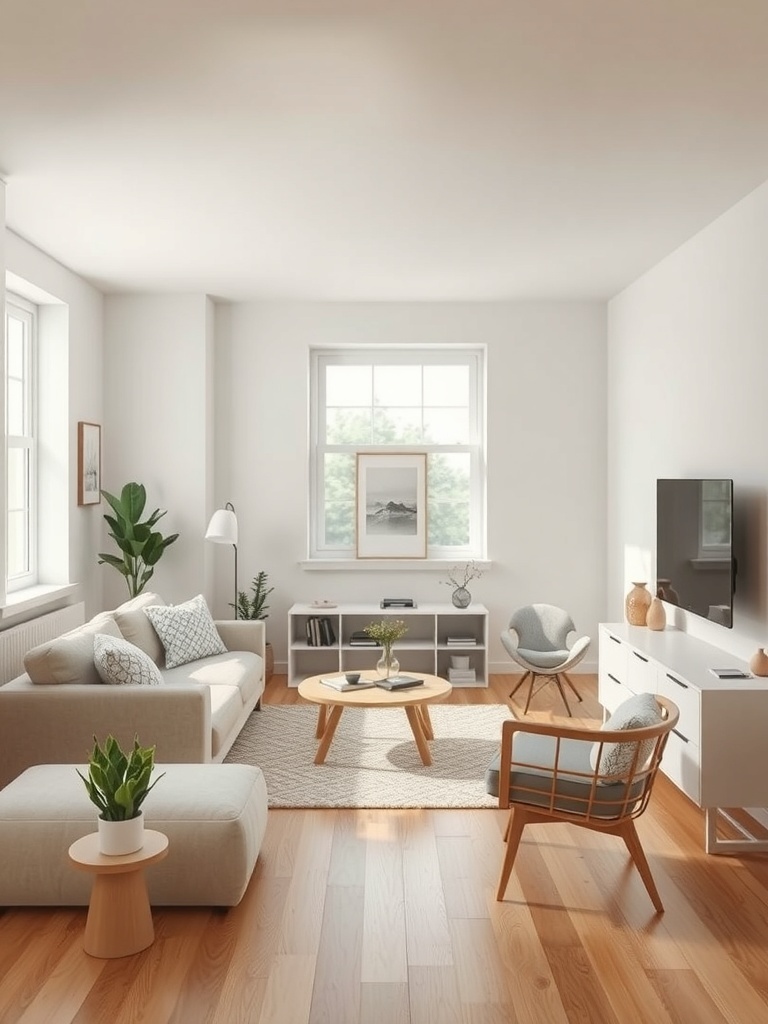 A bright and airy living room with light-colored walls and furniture, featuring a cozy seating arrangement and natural light.