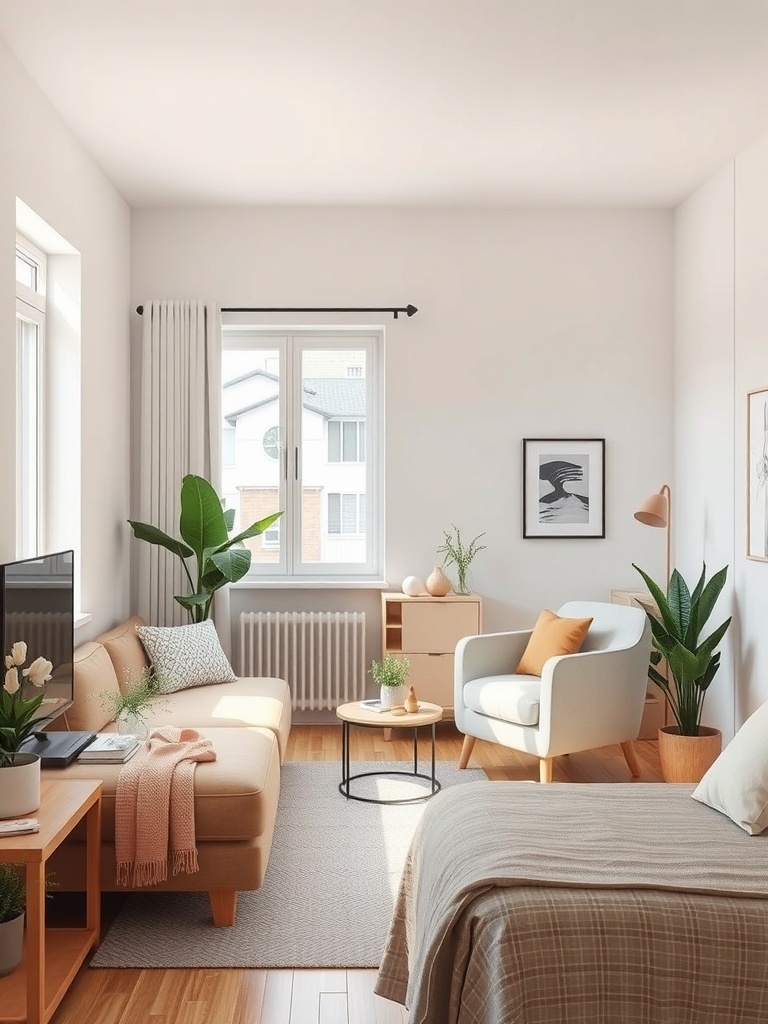 Cozy studio apartment with light color scheme and plants.