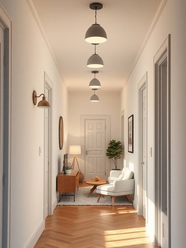 A well-lit entryway featuring pendant lights and a cozy seating area.