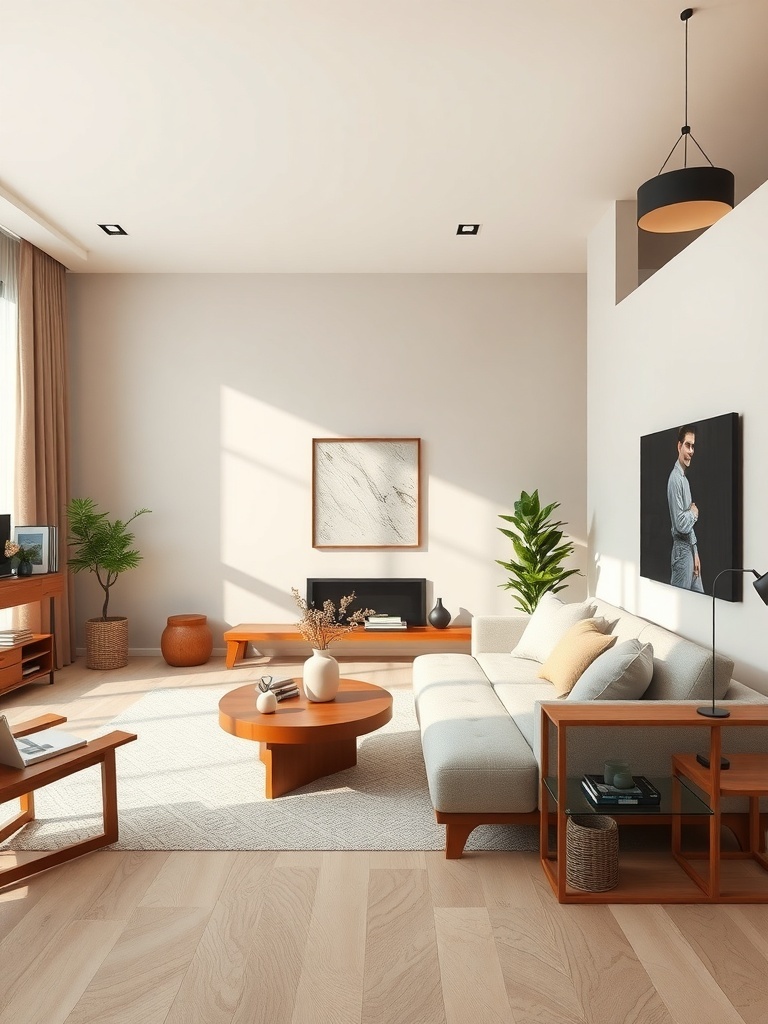 A cozy living room featuring light sand walls, wooden furniture, and plants, creating an inviting atmosphere.