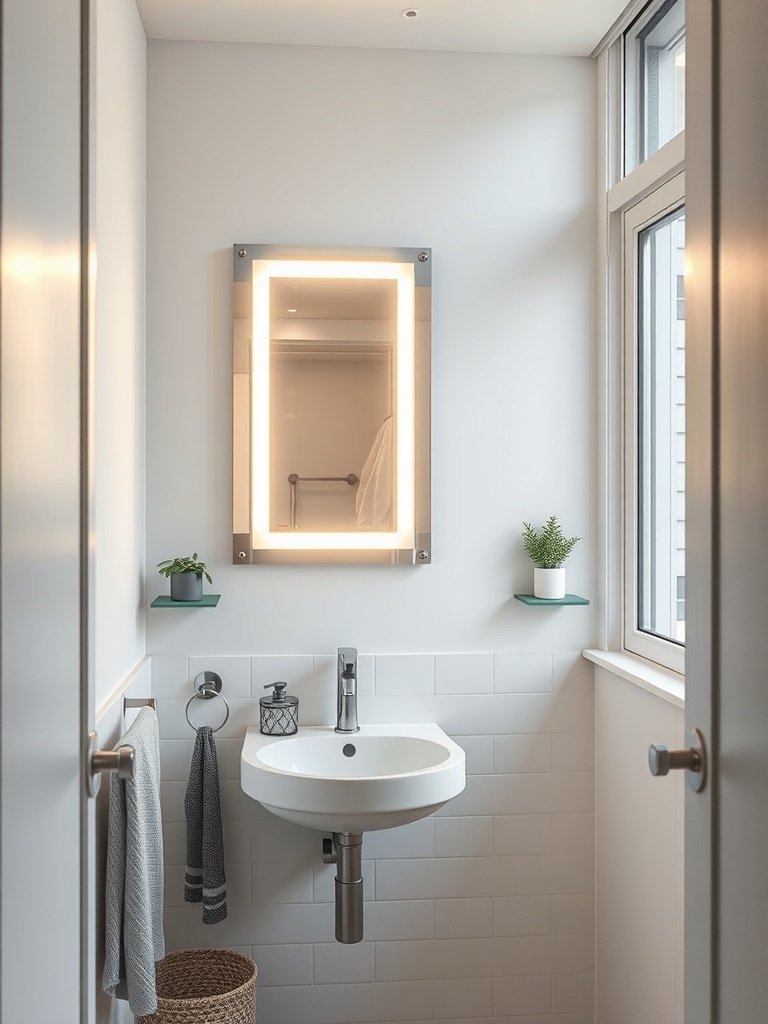 A modern bathroom featuring a lighted mirror above a sink, with plants and a towel rack.