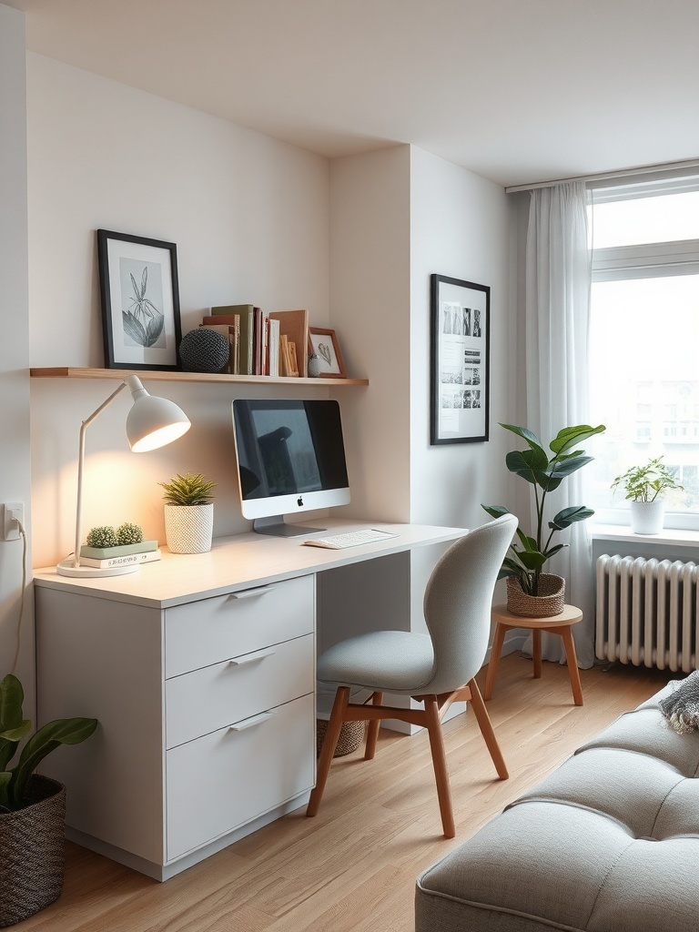 A small workspace setup featuring a desk with a lamp, computer, and plants.