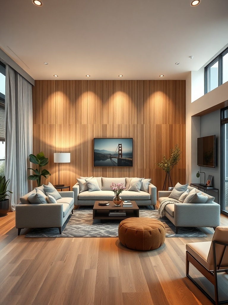 A modern living room with layered lighting, featuring recessed lights, table lamps, and accent lighting.