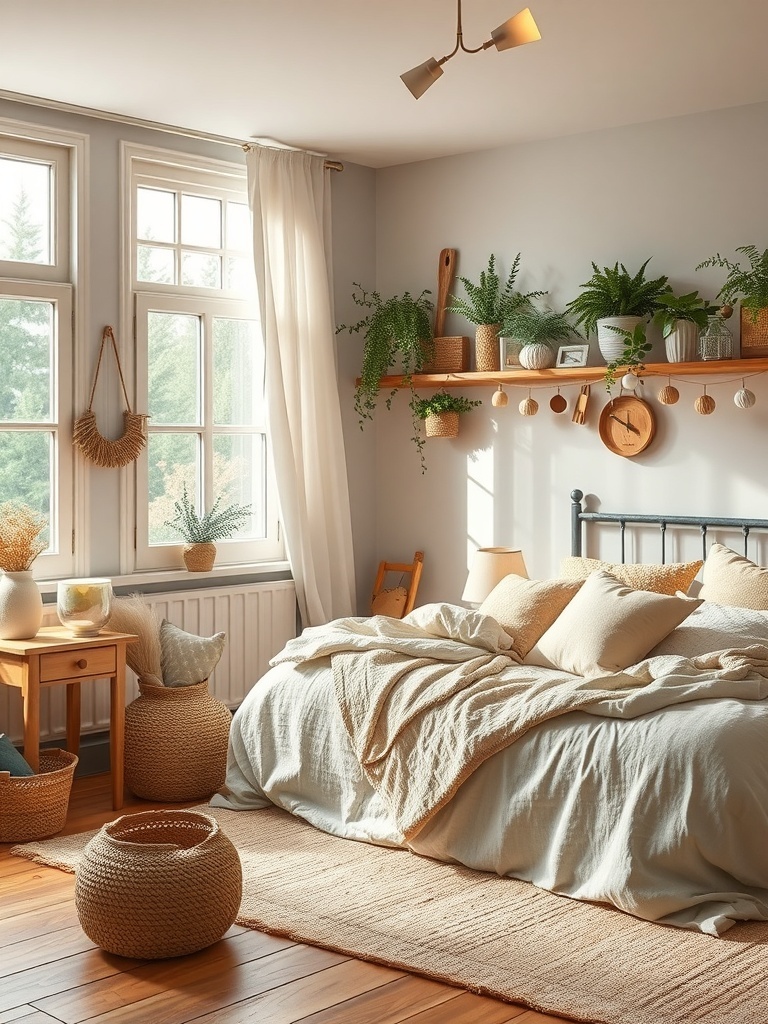 A cozy bedroom with lightweight fabrics, featuring a soft bedspread and airy curtains.