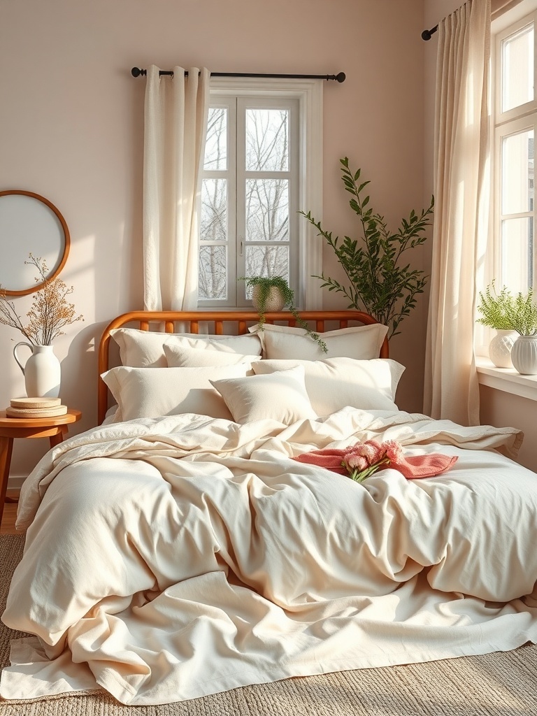 Cozy bedroom with lightweight textiles, featuring soft bedding and light curtains.