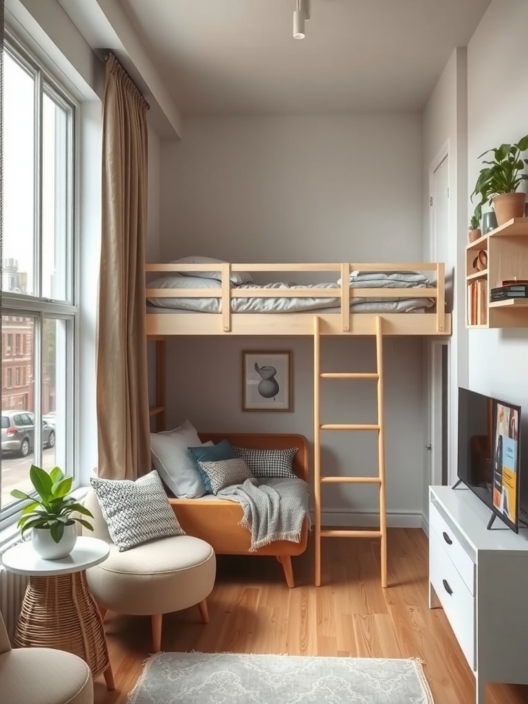 A cozy studio apartment featuring a lofted bed, a small living area below, and large windows.