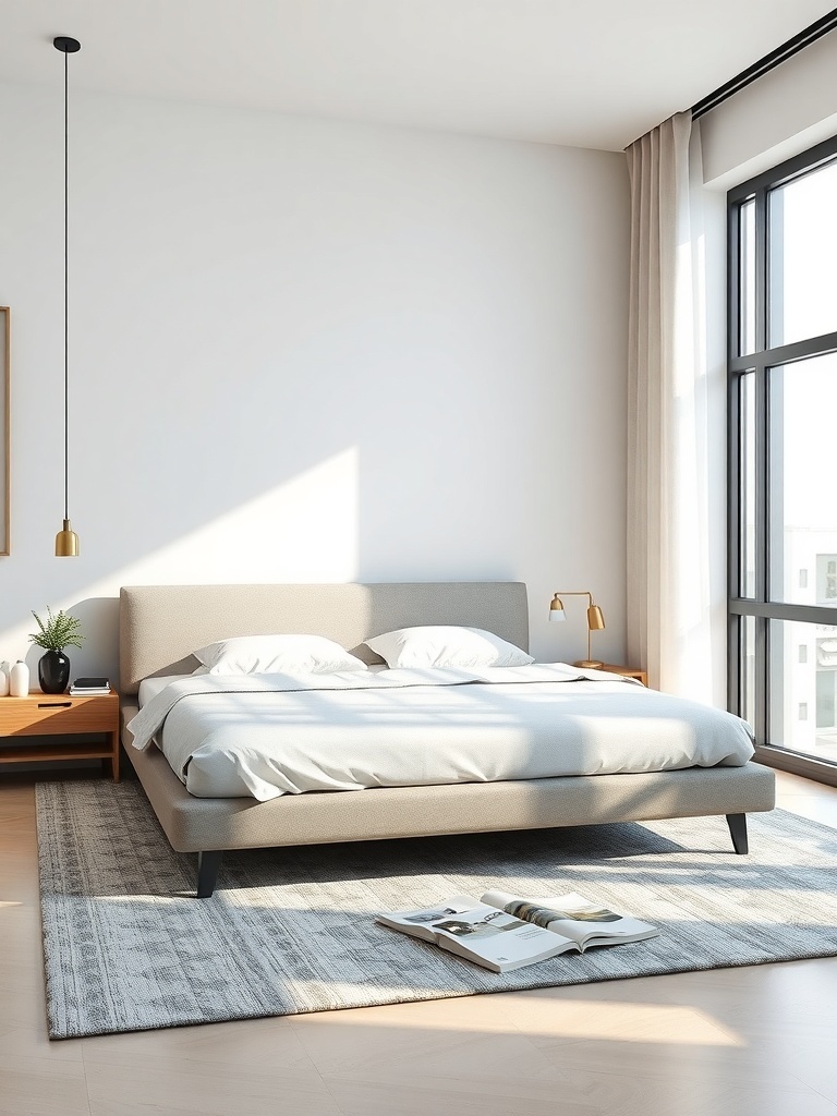 A minimalist bedroom featuring a low-profile bed with neutral bedding, simple bedside tables, and a cozy atmosphere.