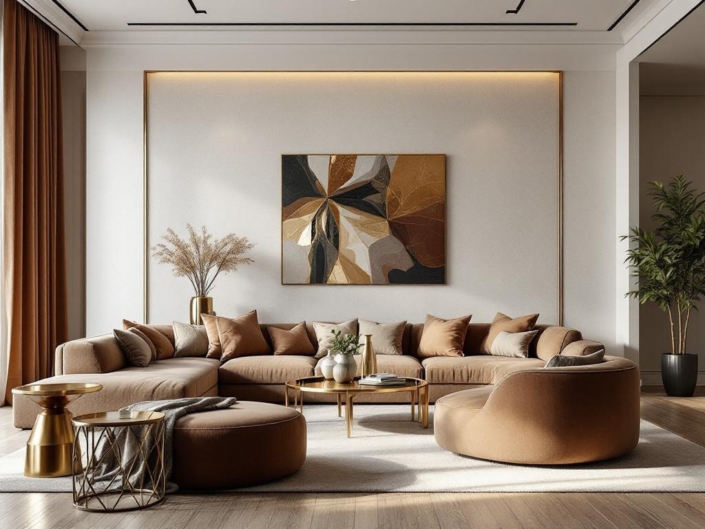 A modern living room featuring a plush sectional sofa, metallic accents, and elegant decor.