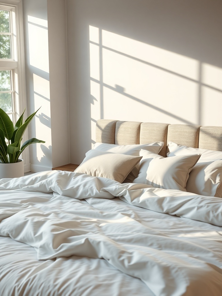 A beautifully made bed with luxurious white bedding and soft pillows, illuminated by sunlight from a nearby window.
