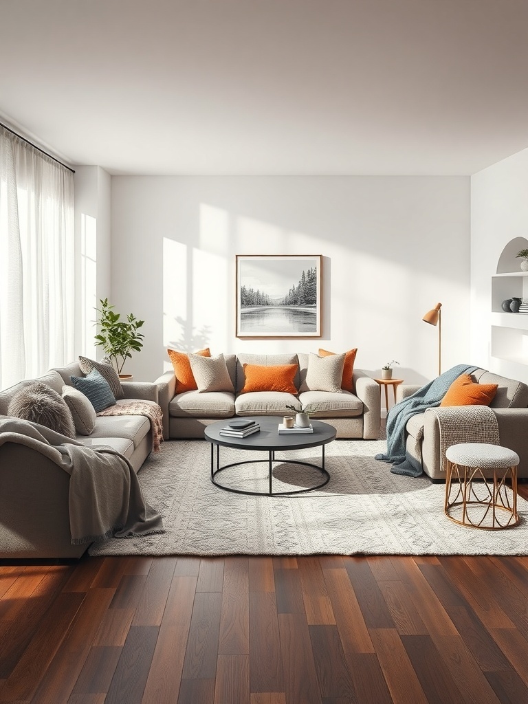 A luxurious living room featuring soft neutral furniture, vibrant orange pillows, a plush area rug, and natural light illuminating the space.