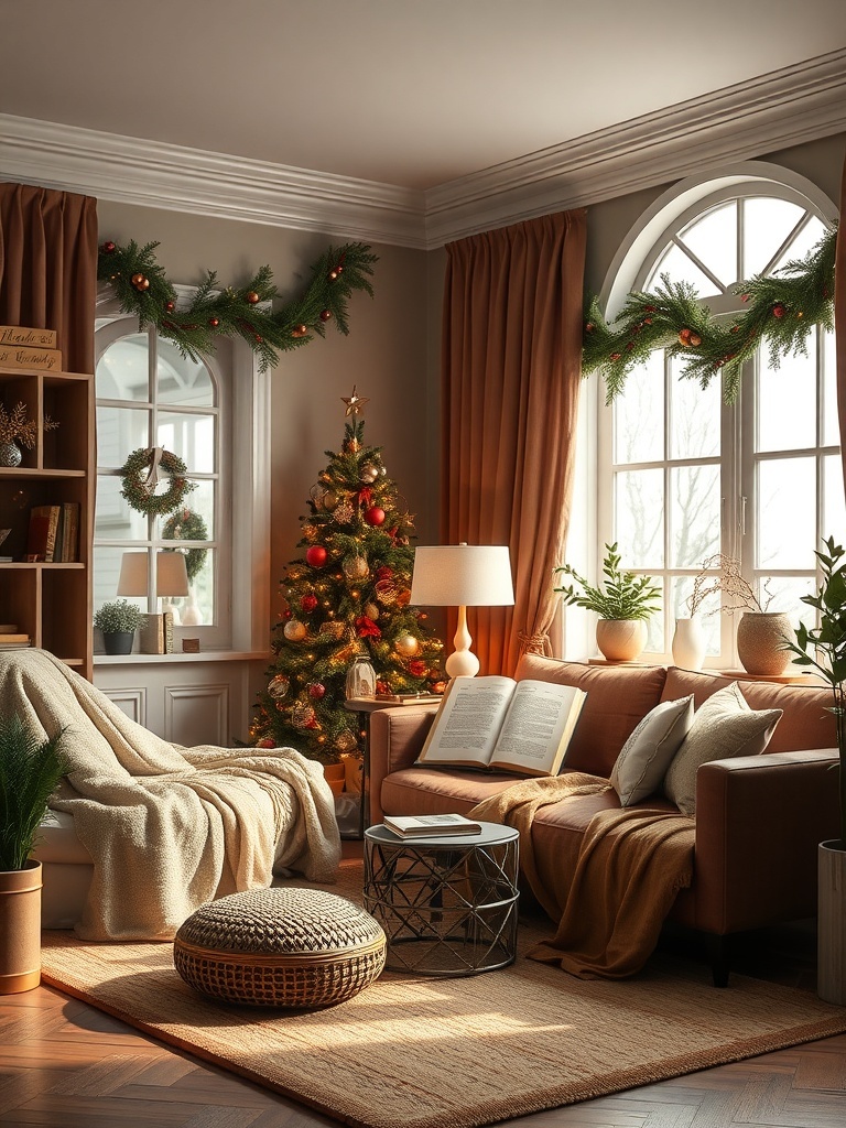 A cozy living room with warm textiles, featuring a sofa, throw blankets, and a Christmas tree.