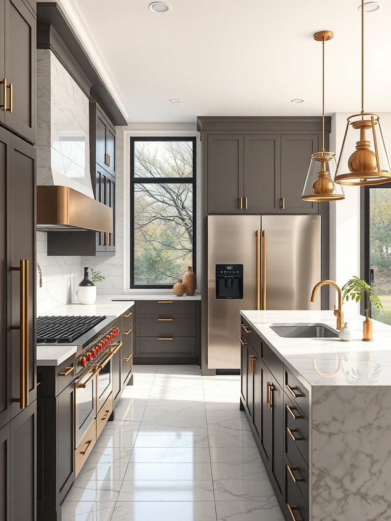 A modern kitchen featuring dark cabinetry, light marble countertops, and gold hardware, with large windows and stylish pendant lighting.
