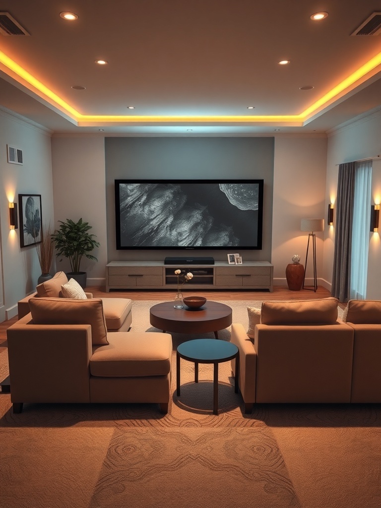 A modern luxury home theater with plush seating, a large screen, and elegant lighting.