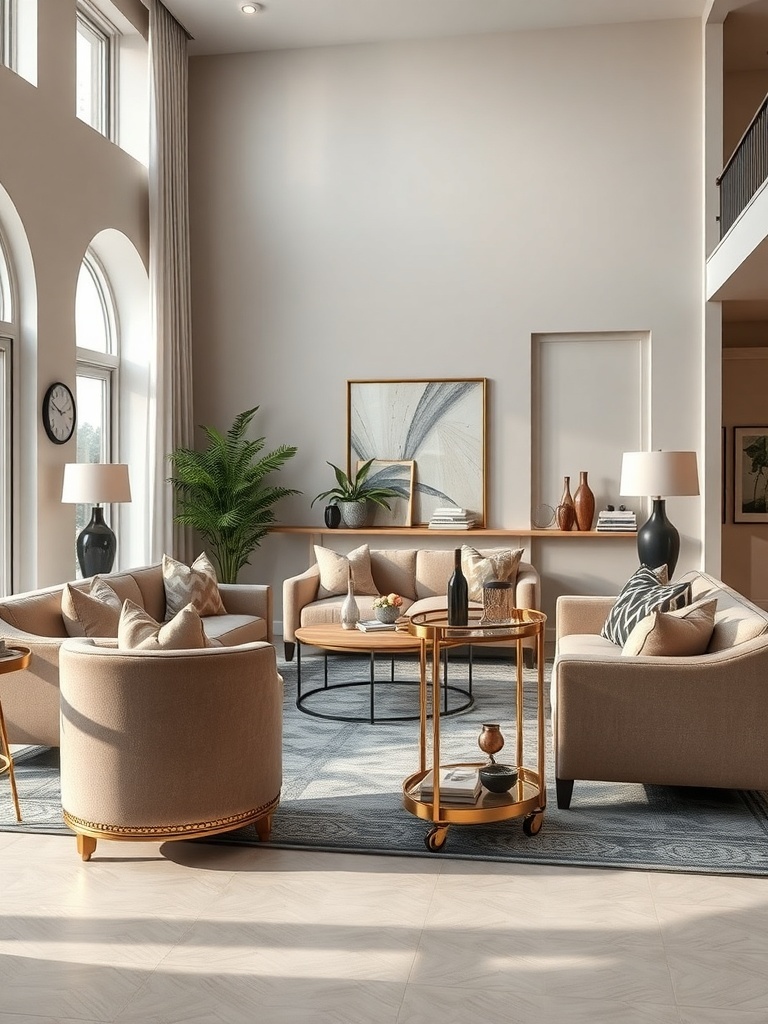 A luxurious lounge area featuring soft beige furniture, large windows, and stylish decor.