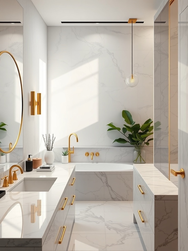 A luxurious modern bathroom featuring marble surfaces, gold fixtures, and natural plants.
