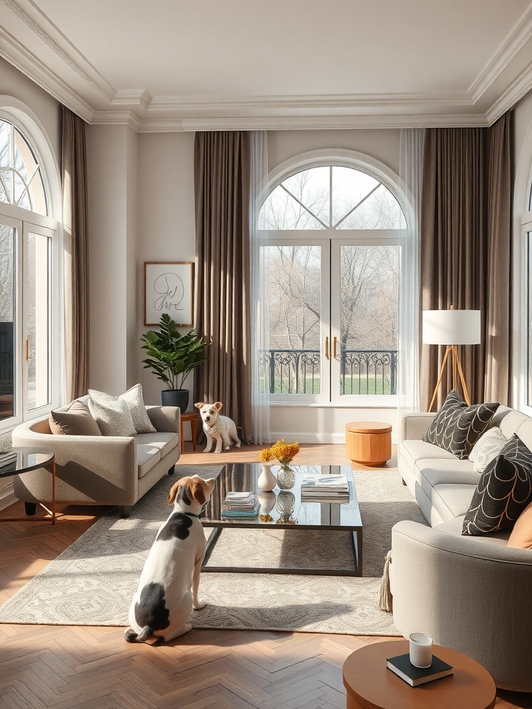 A luxurious living room with two dogs, large windows, and elegant furnishings.