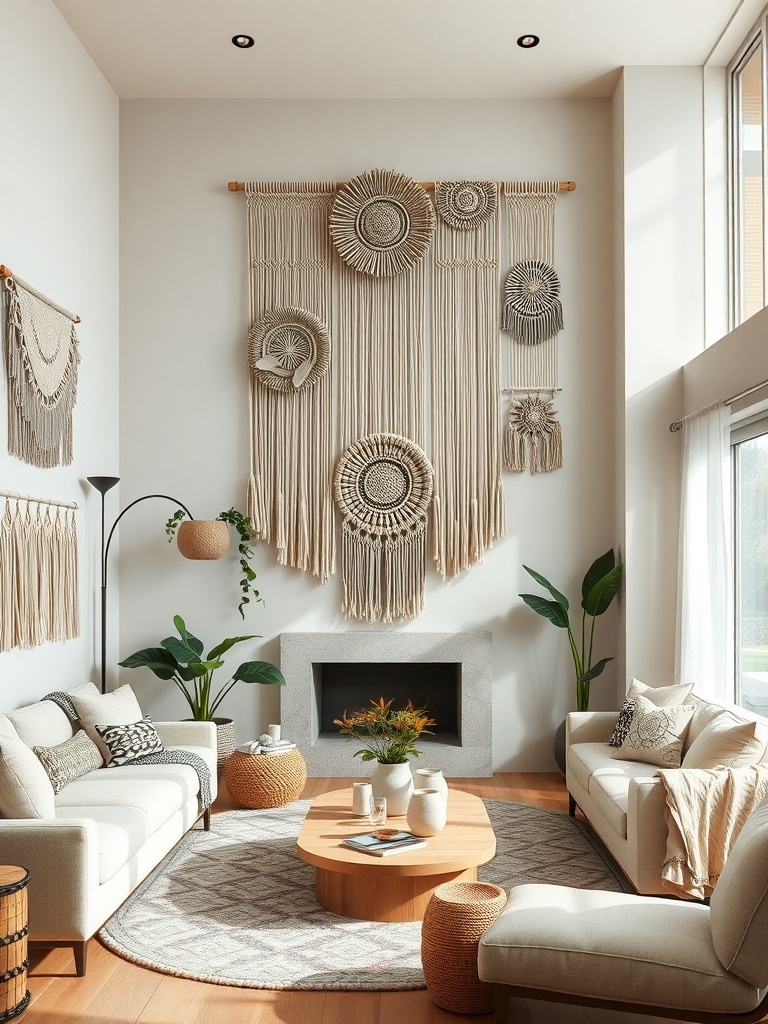 A stylish living room featuring macramé wall hangings, a round wooden coffee table, and plants.