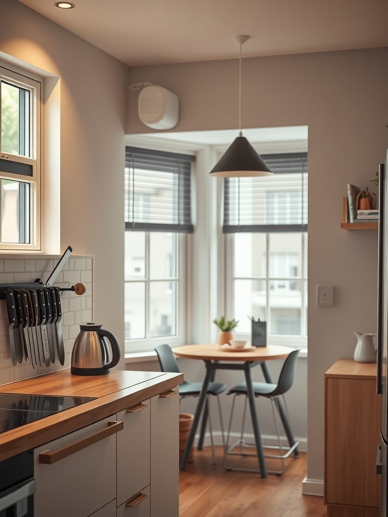 A kitchen with a magnetic strip holding utensils, showcasing a clean and organized space.