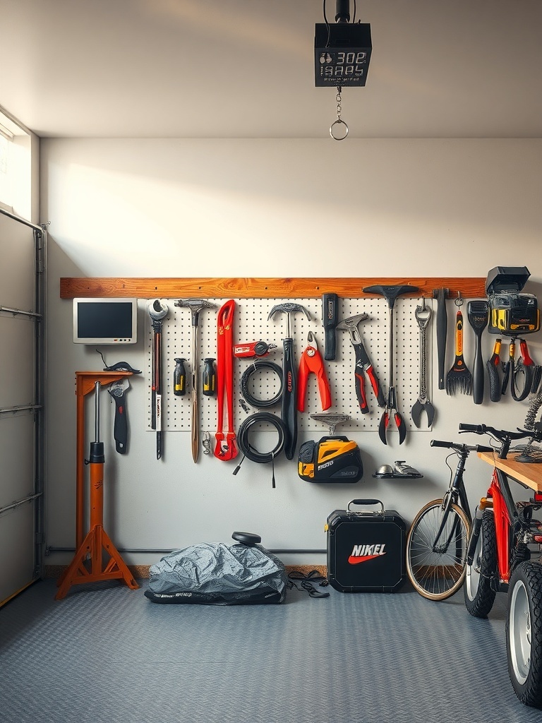 A garage wall with tools organized on magnetic strips.