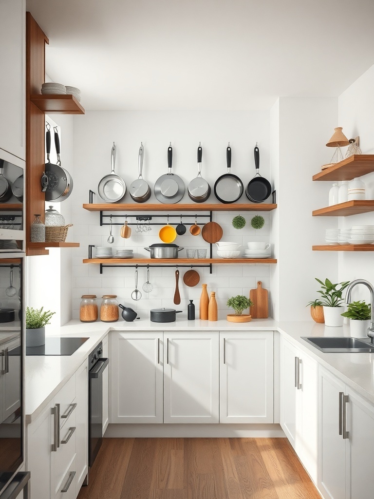 A modern kitchen with open shelves and hanging pots, showcasing effective use of vertical space.