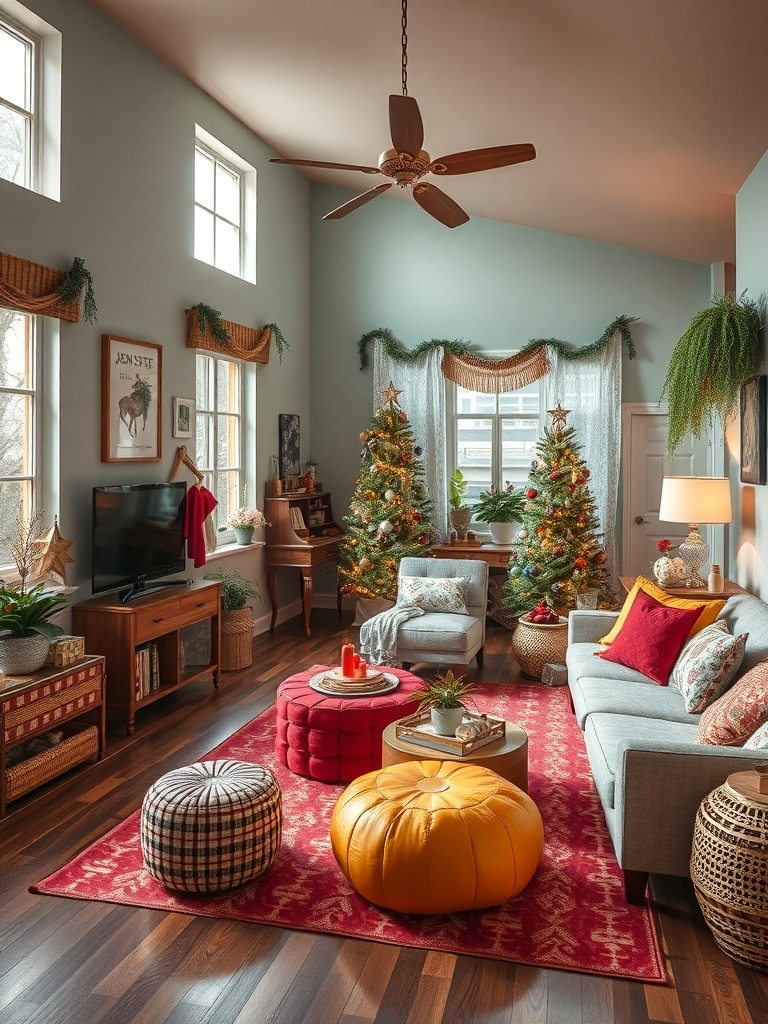 A cozy living room decorated in a maximalist style with colorful poufs, festive decor, and a warm ambiance.