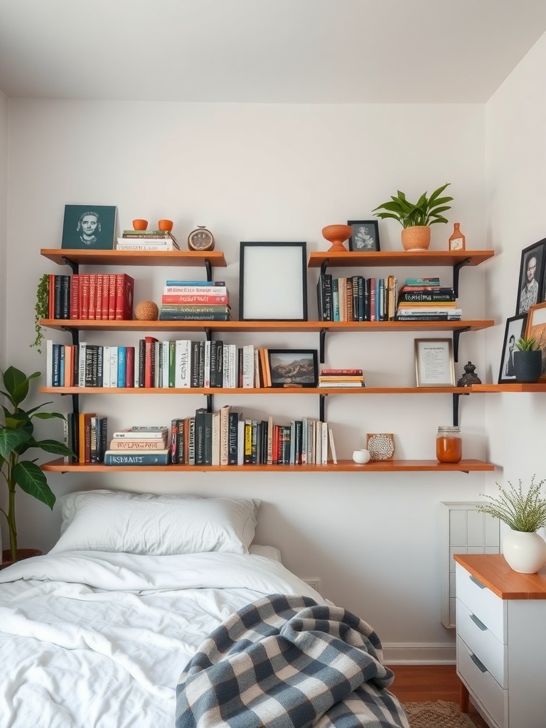 A small bedroom with floating shelves displaying books and plants above a bed.