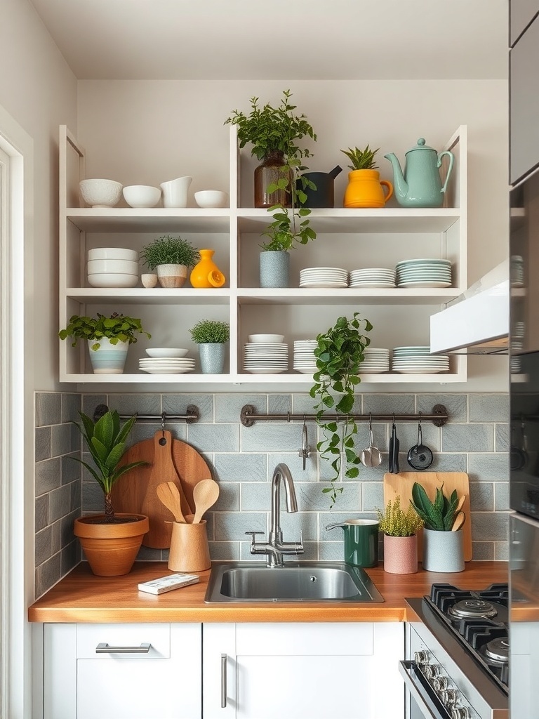 A small kitchen with open shelving displaying dishes, plants, and colorful kitchenware.
