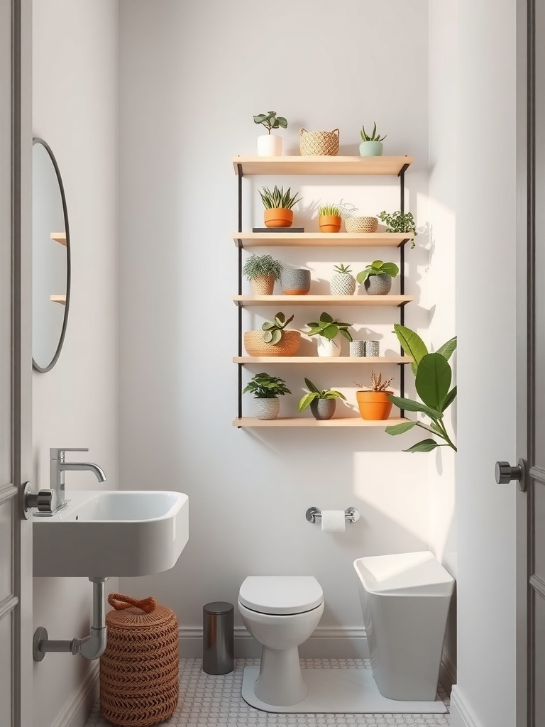 Small bathroom with vertical shelving filled with plants and decorative items.