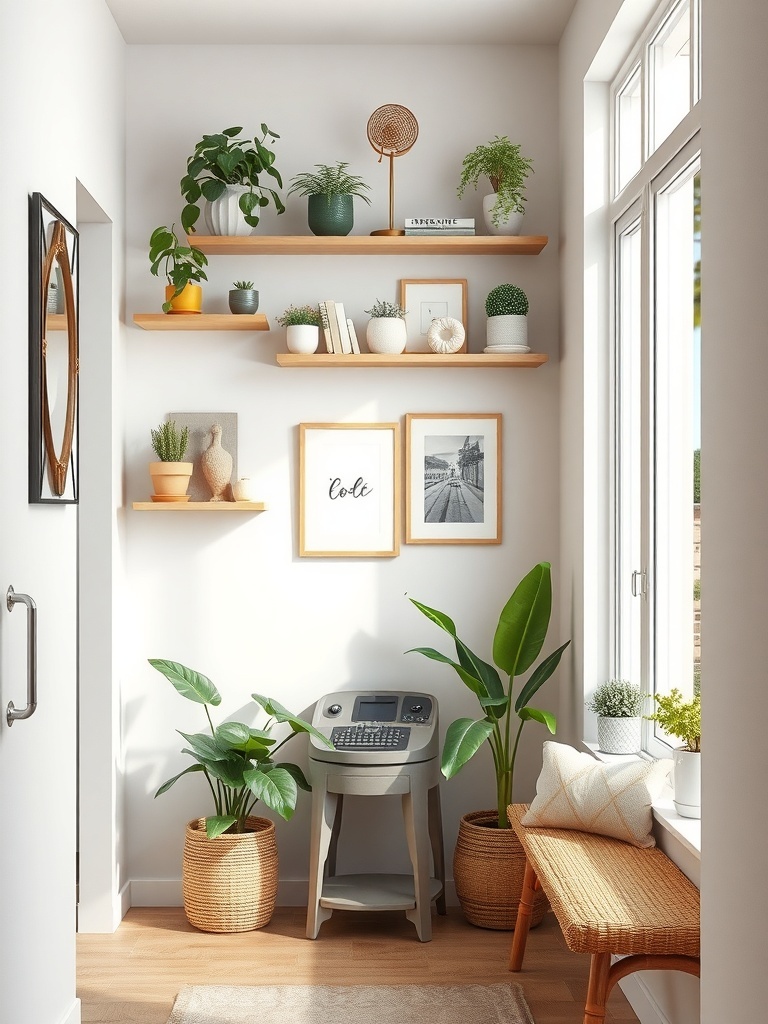 A bright entryway featuring wooden shelves with plants and decorative items.