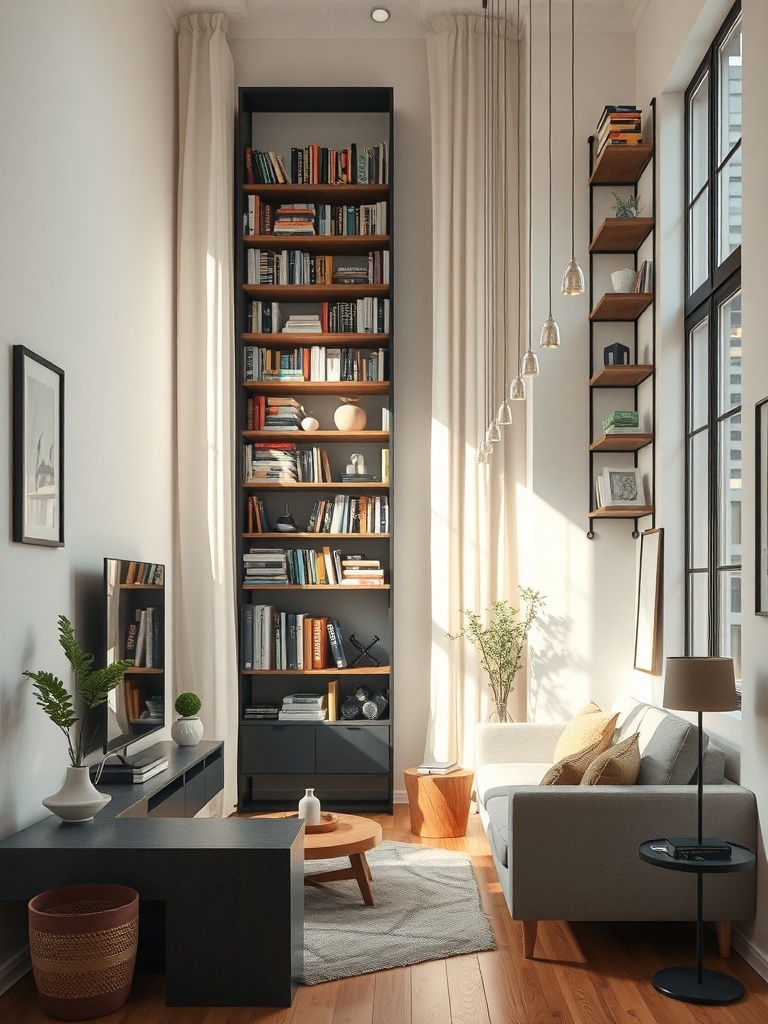 A cozy living room with tall bookshelves and stylish decor.