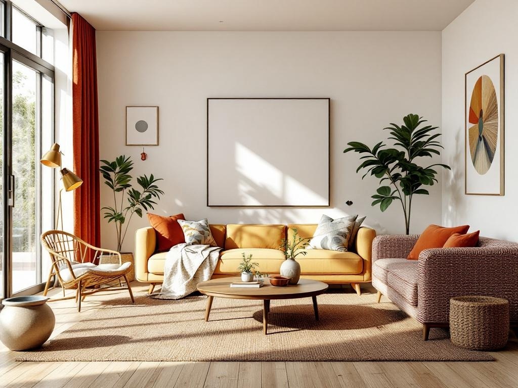 A mid-century modern living room featuring a yellow sofa, brown couch, rattan chair, and plants, with large windows and warm lighting.