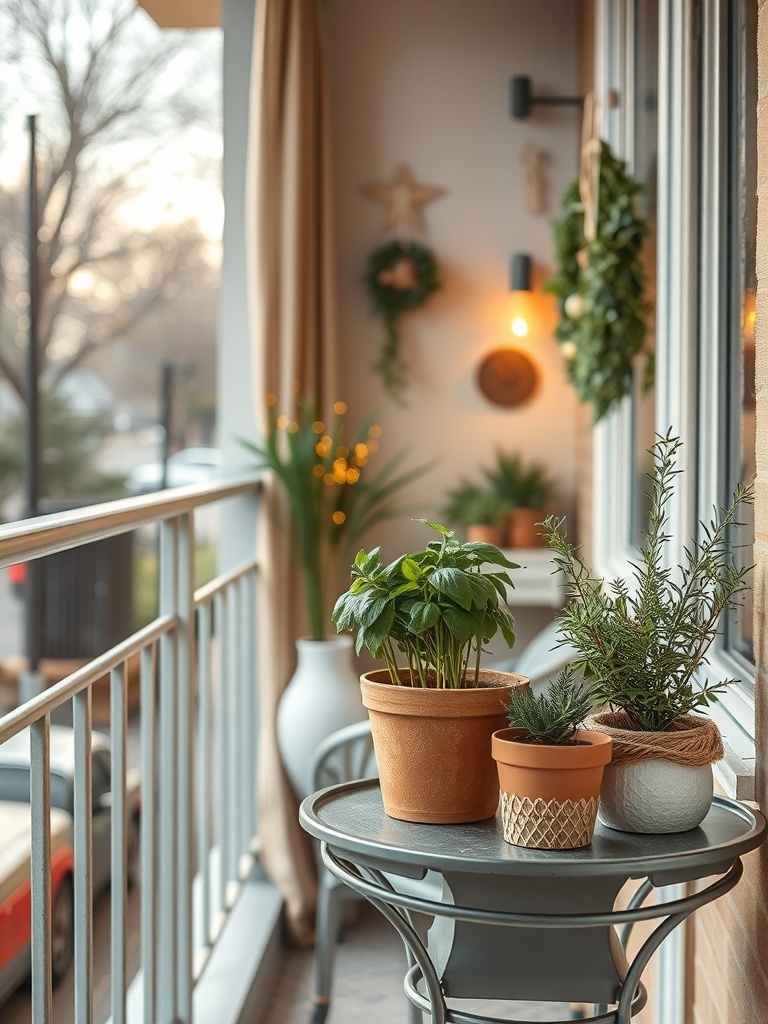 A cozy balcony with potted herbs including basil and rosemary on a small table.