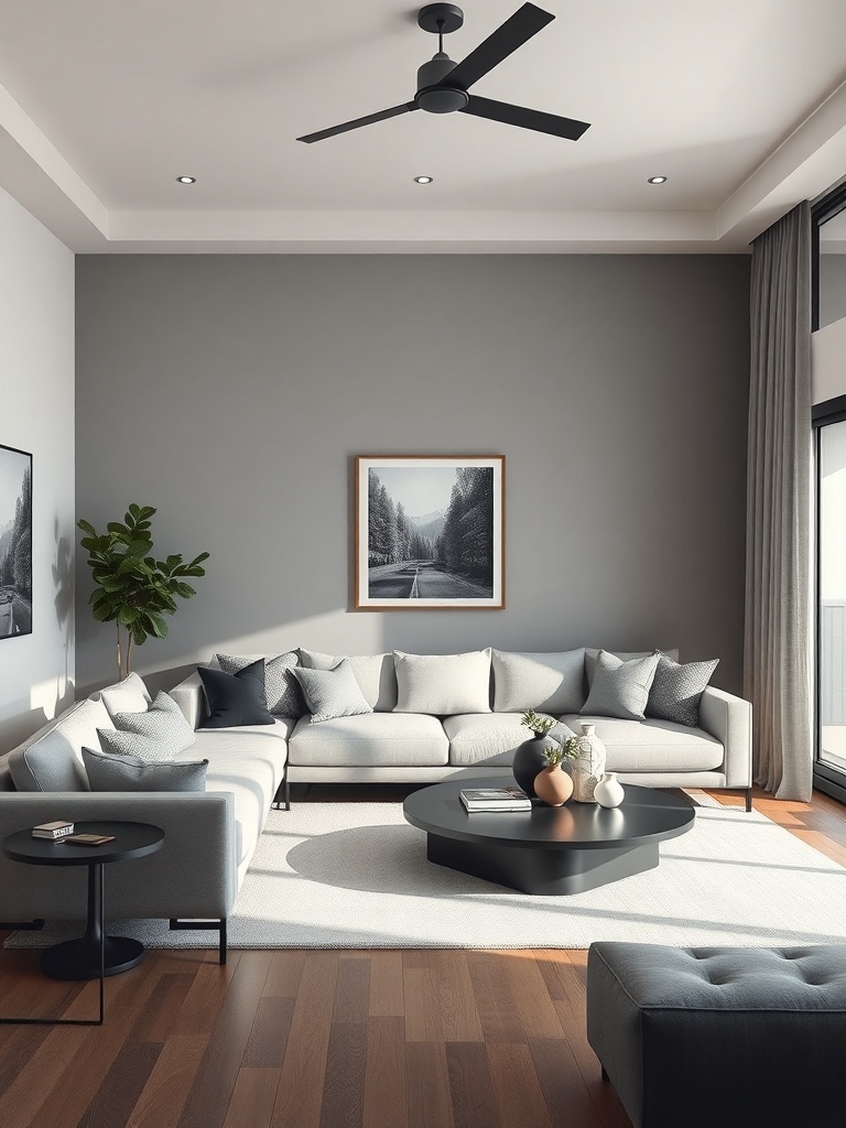 A minimalist living room featuring a gray sectional sofa, a black coffee table, and subtle decorative accessories.