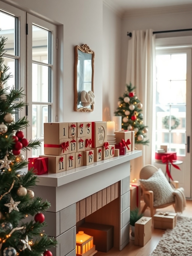 A cozy living room with a minimalist advent calendar on the mantel, featuring small boxes and festive decorations.