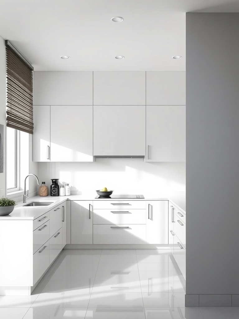 A modern minimalist kitchen with white cabinets, a sleek design, and natural light.
