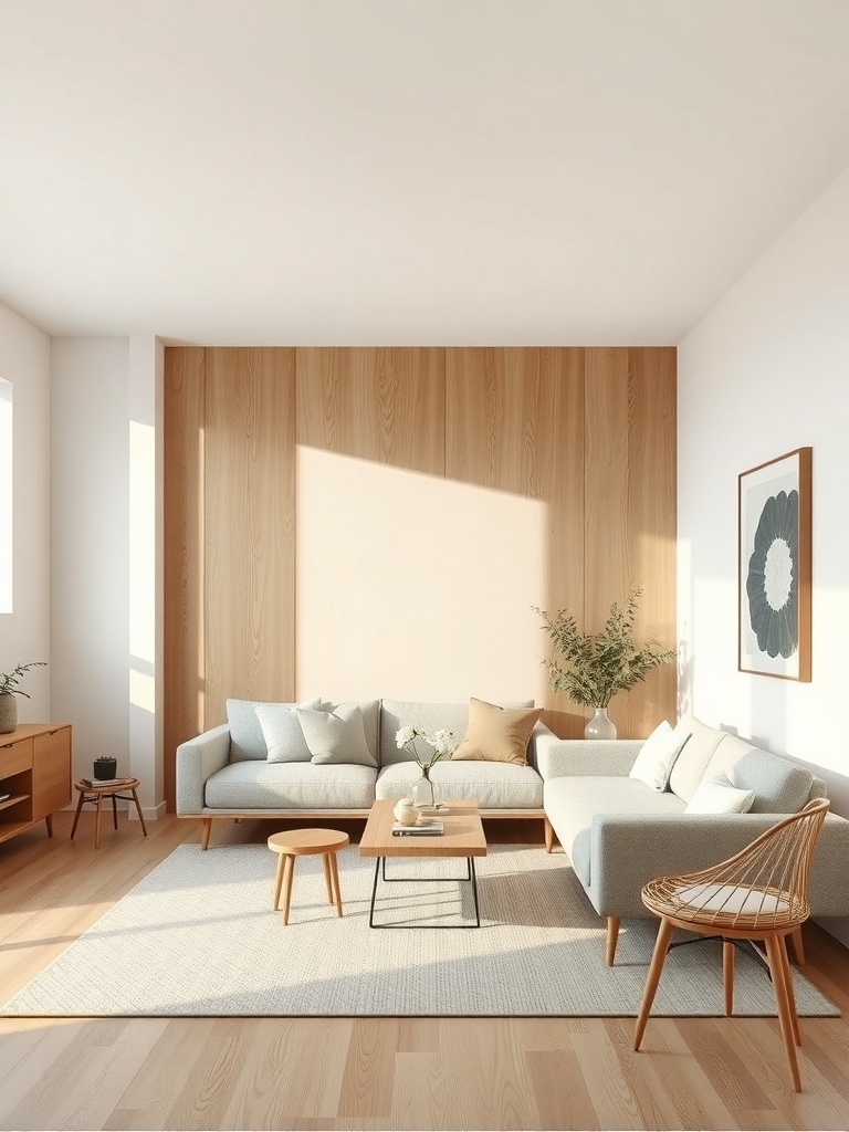 A minimalist living room featuring a light gray sofa, wooden furniture, and natural textures.