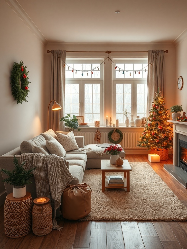 Cozy minimalist living room with warm touches, featuring a sofa, plants, and holiday decor.