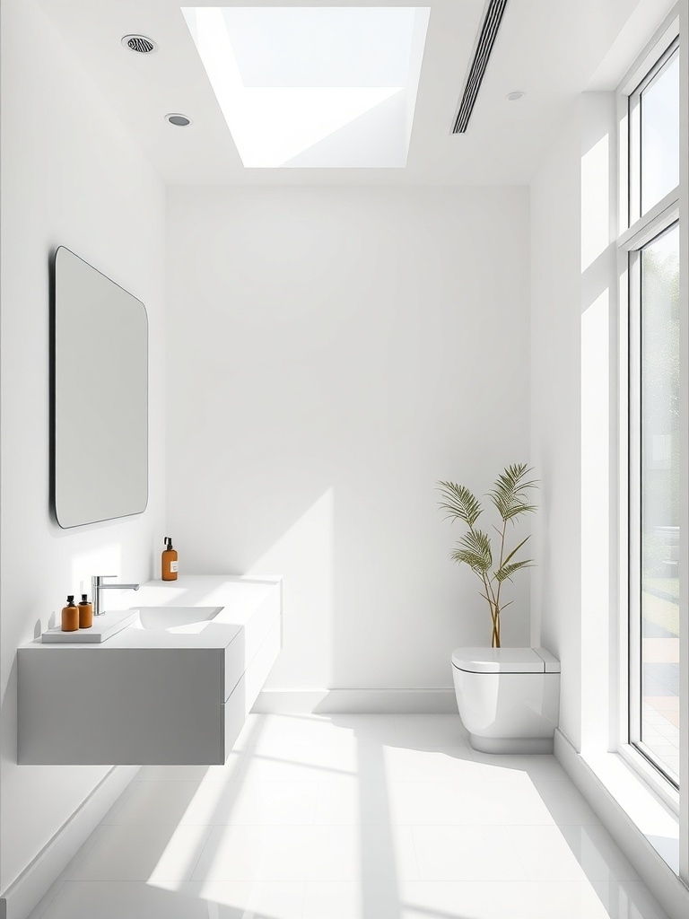 A modern minimalist bathroom featuring a floating vanity, large windows, and a skylight.