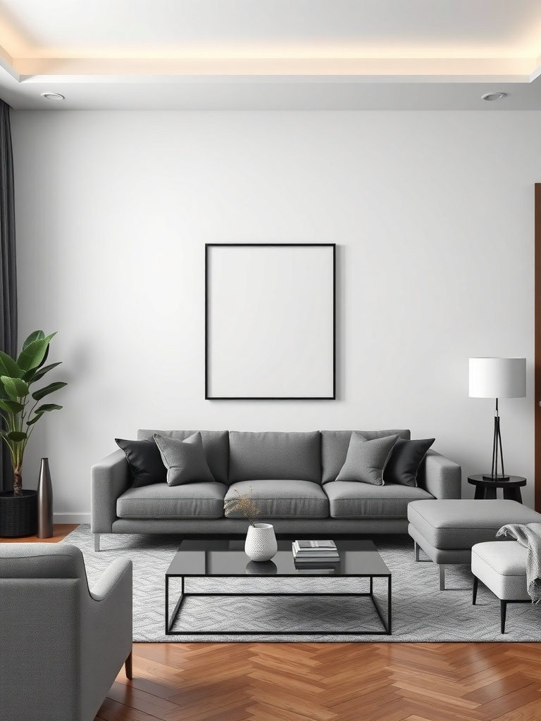 A minimalist living room featuring a gray sofa, black coffee table, and a blank black-framed picture on a white wall.