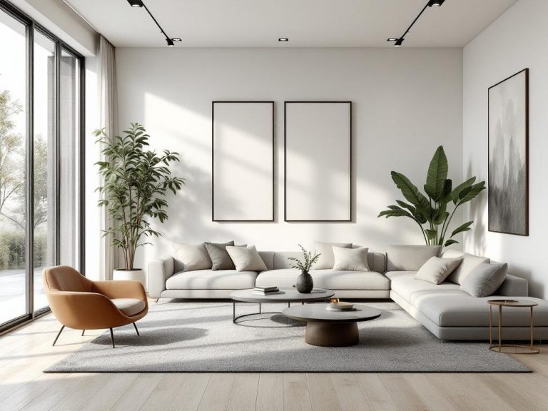 A modern minimalist living room featuring neutral tones, a light gray sectional sofa, an accent chair, and large windows.