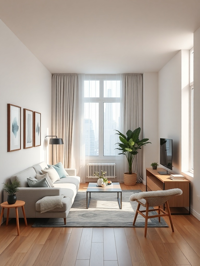 A minimalist condo living room with a light color palette, simple furniture, and large windows.