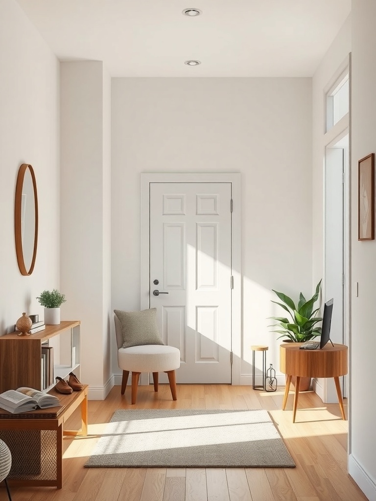 A bright and minimalist entryway featuring a small chair, a plant, and a simple console table.